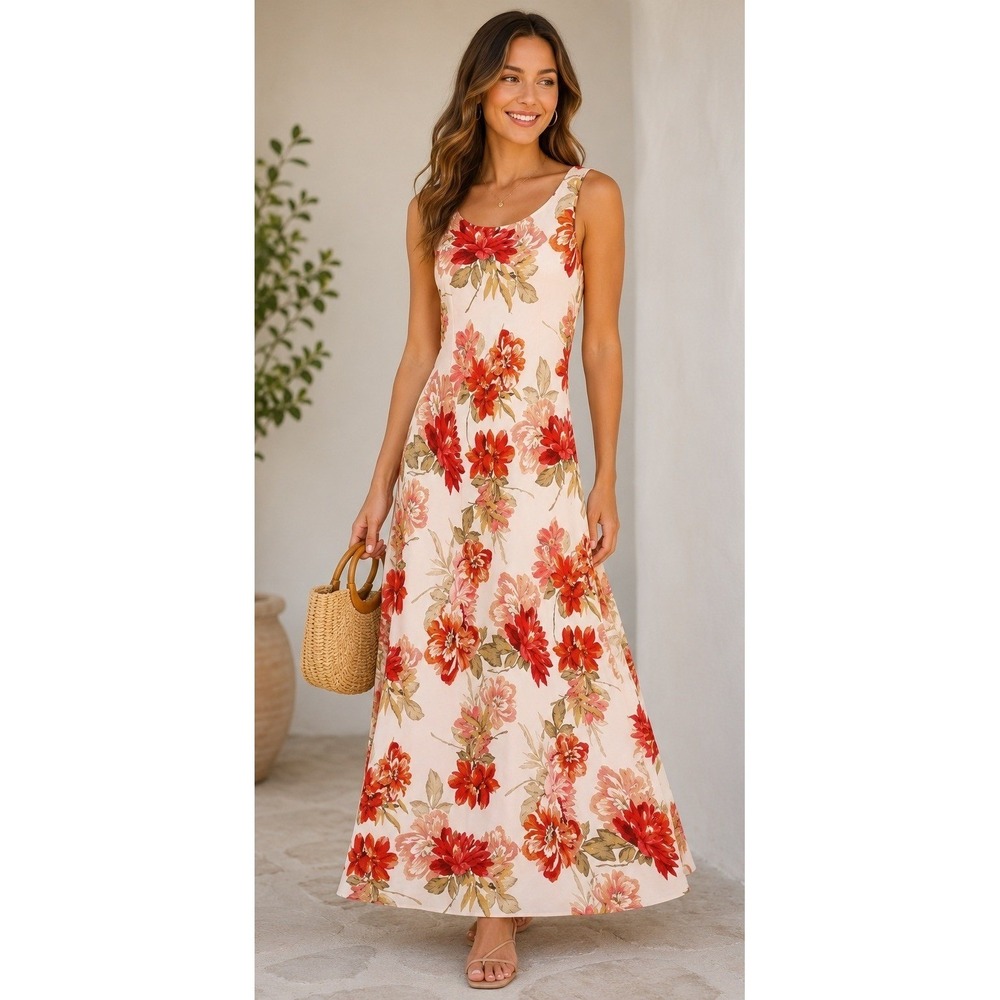 Paper Heart Red Floral Linen Blend Cutout Back Maxi Dress L Boho Cottagecore